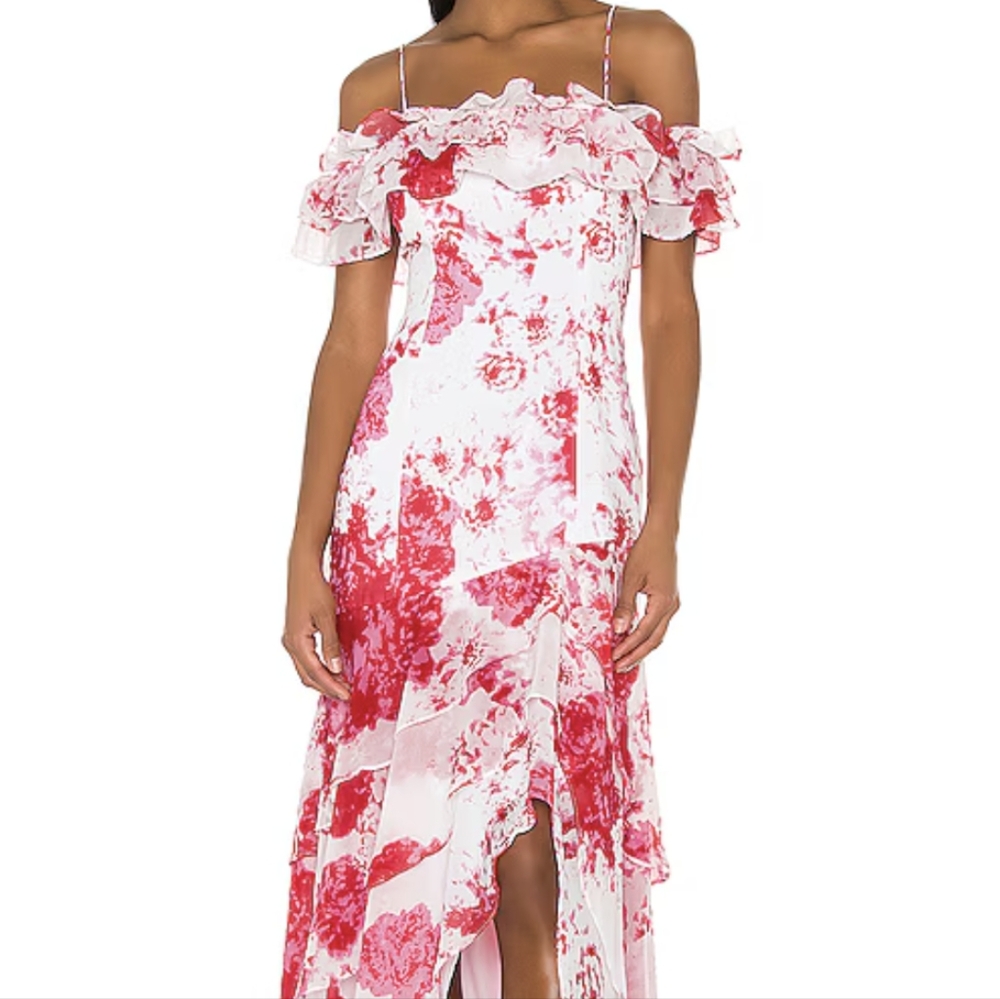 KEEPSAKE the Label White and Pink Floral Off-Shoulder Midi Dress
